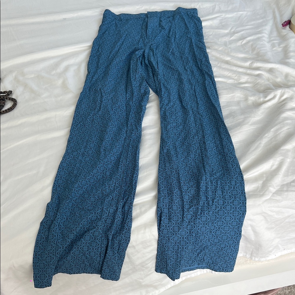 Blue Patterned High-Waste Wide-Leg Pants